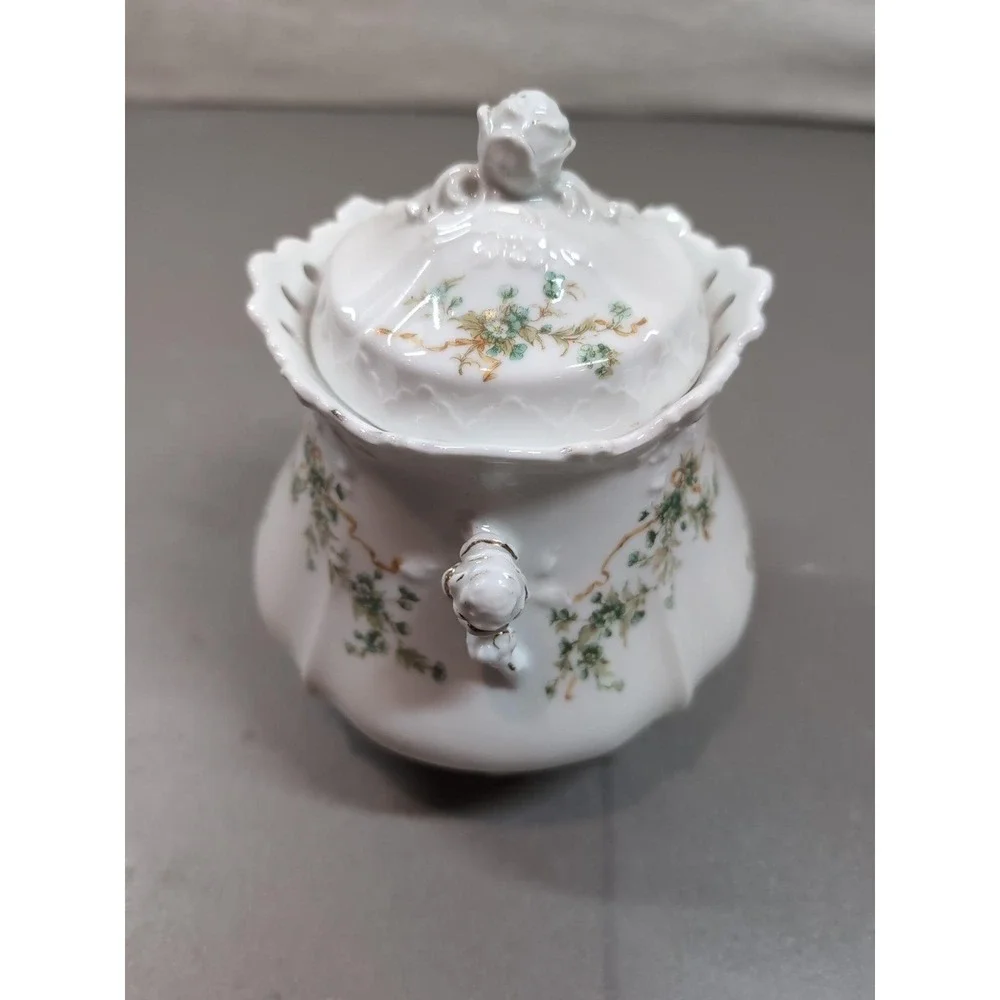 Antique Hermann Ohme Eglantine Porcelain Covered Sugar Bowl Germany Floral Gold
